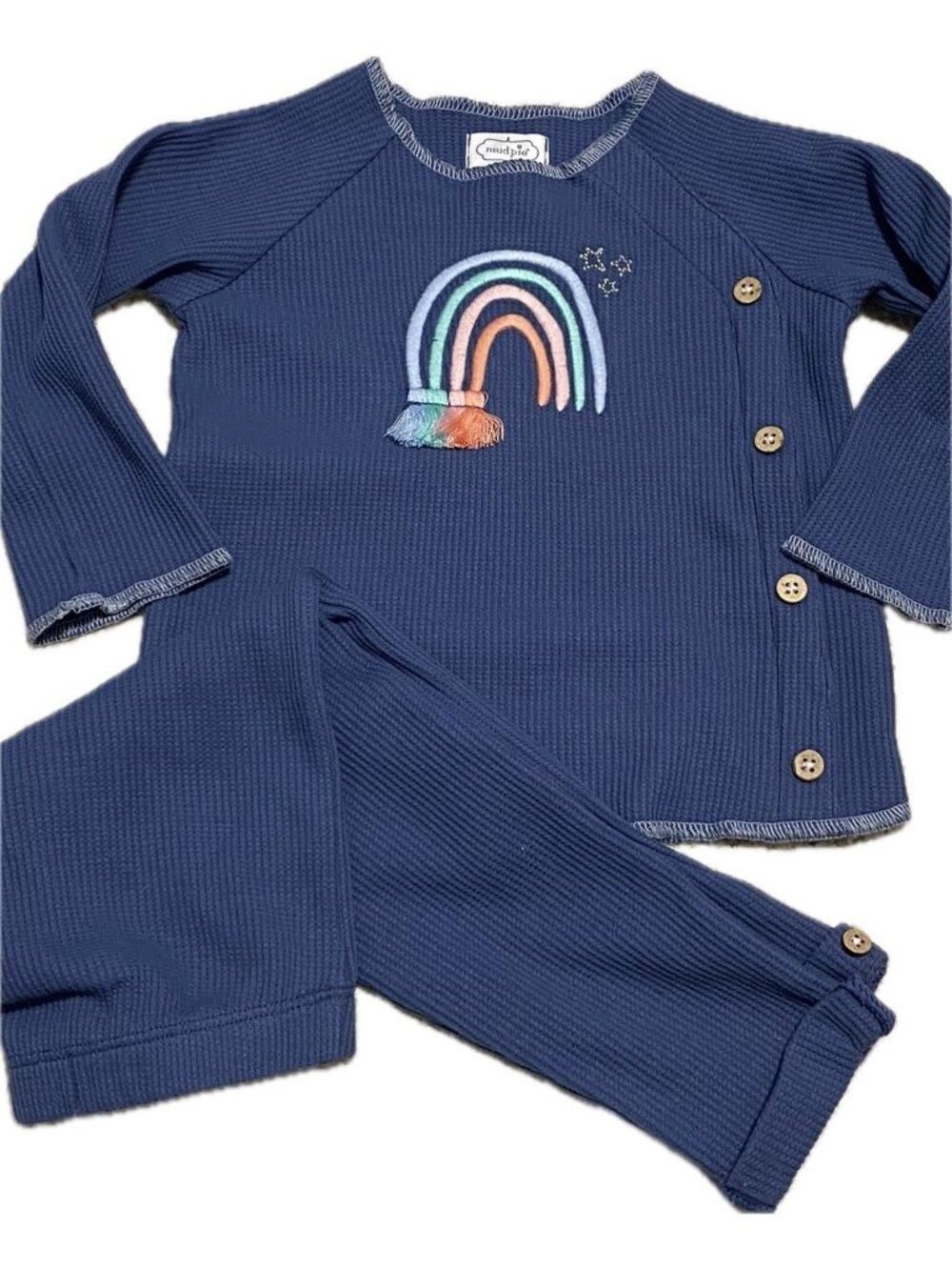 Mud Pie waffle knit pants set Rainbow embroidery 3m 6m NWT kimono tassels